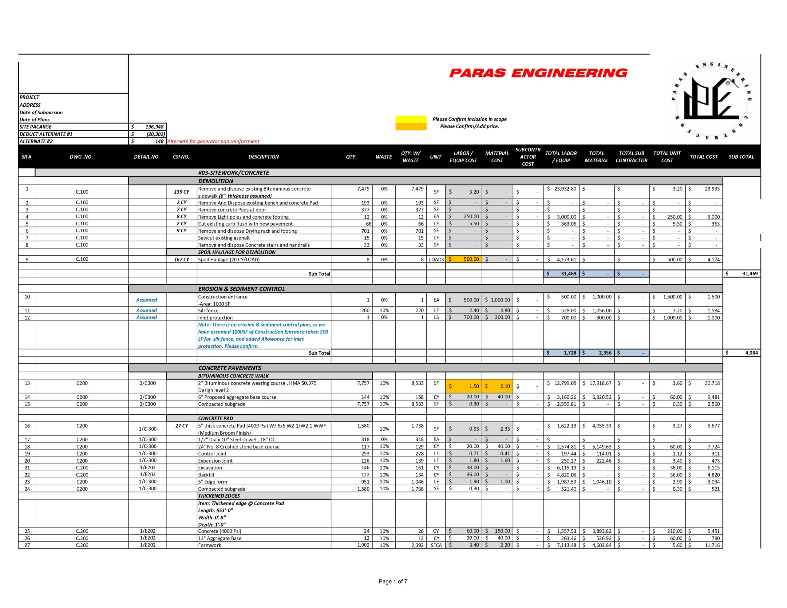 Quantity/Material/Cost Estimation